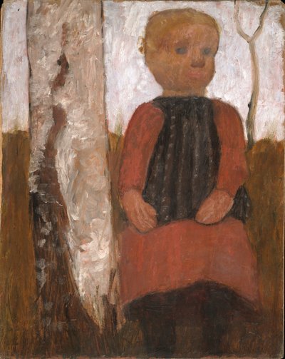 Bambino in abito rosso accanto a un tronco di betulla da Paula Modersohn Becker